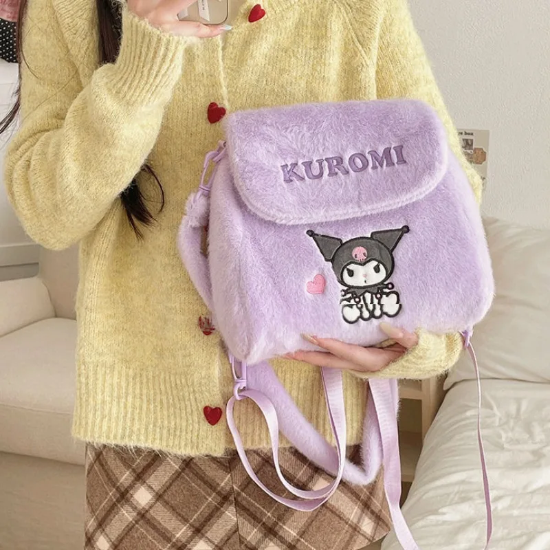 Xiuya Kuromi-Sac à Dos en Peluche pour Femme, Broderie Mignonne, Petits Sacs à Dos Moelleux, Sac à Bandoulière Dessin Animé Kawaii, Décontracté, Nouveau, Hiver