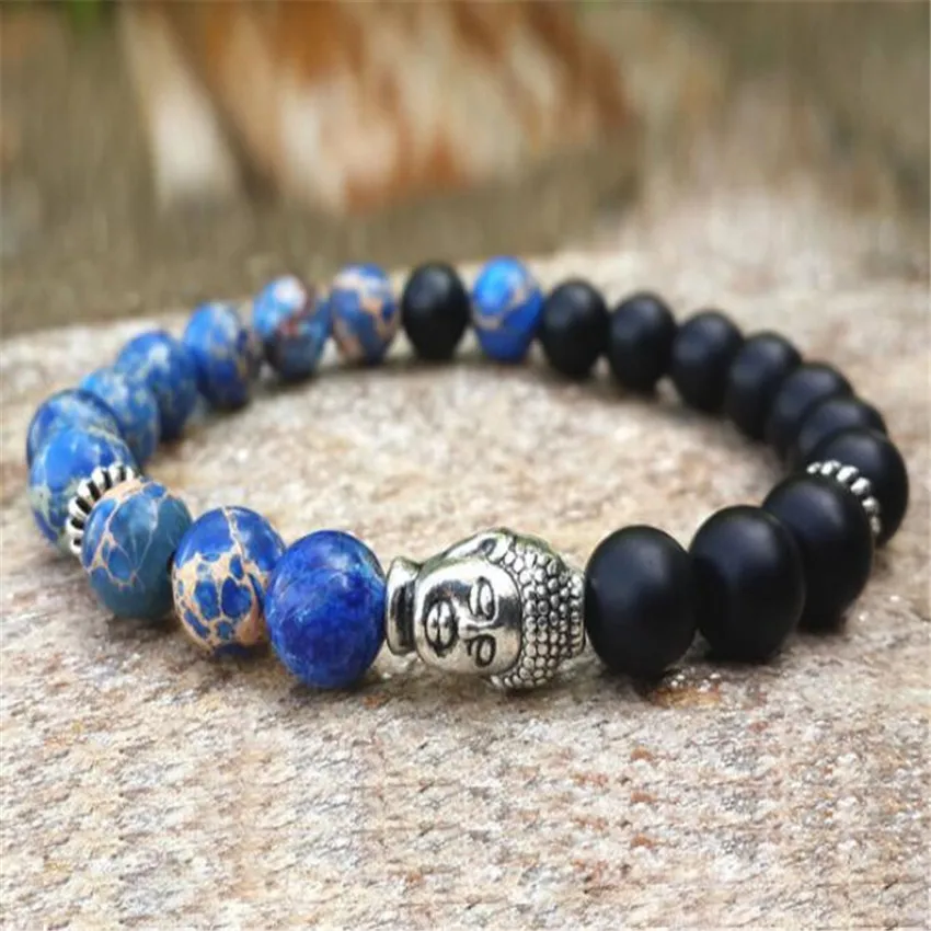 

8mm Frosted Obsidian Imperial Jasper Mala Bracelet 7.5 inches Men Karma Unique Beaded Prayer