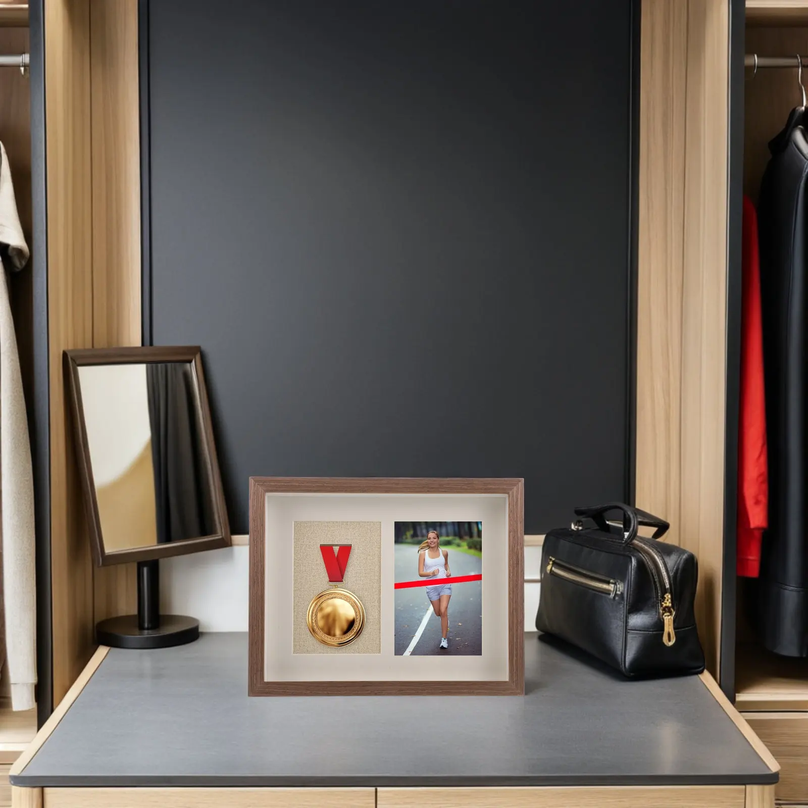 Single Medal Display Case Wood Material Coffee Brown Desktop Award Holder Frame Medal Storage Box Office Home