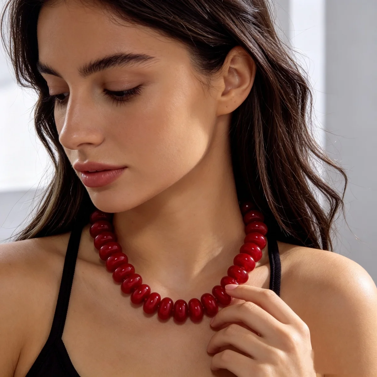Dopamine Bunte flache, runde Acryl-Perlenkette für Damen und Herren, trendige, einfache geometrische Harzperlen, stapelbarer Choker-Schmuck – Detail 5