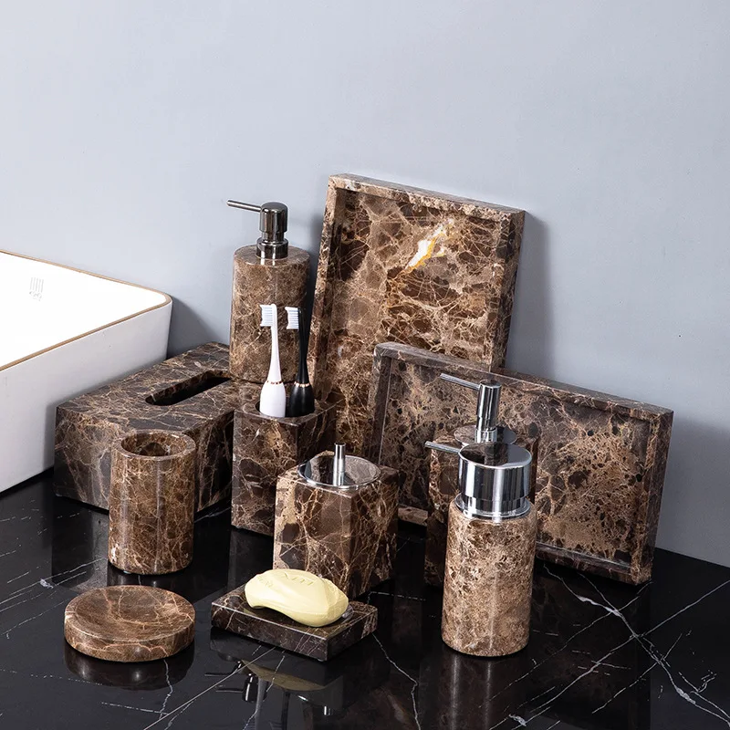 Natural Marble Bathroom Set Deep Brown Luxury Toothbrush Holder  Soap Dish Lotion bottle Tissue box Soap Dispenser Bathroom