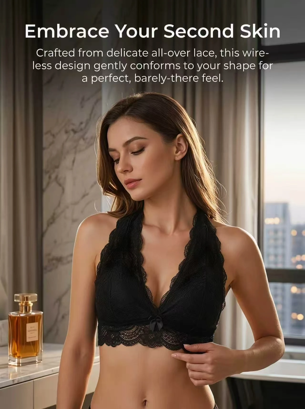 Women's Black Lace Halter Bralette Front Clasp V-neck Sheer Wireless Bra Sexy Elegant All-over Lace Lounge Top A563