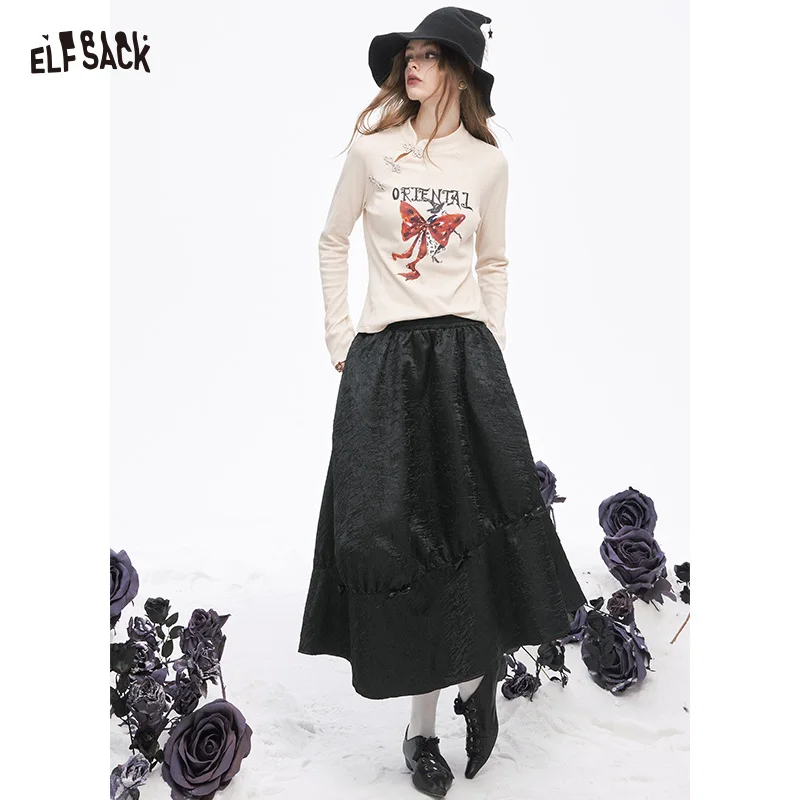 

ELFSACK 2025 Winter New Arrivals Y2K Vintage Design Solid Pleated A line Long Half Skirt For Women