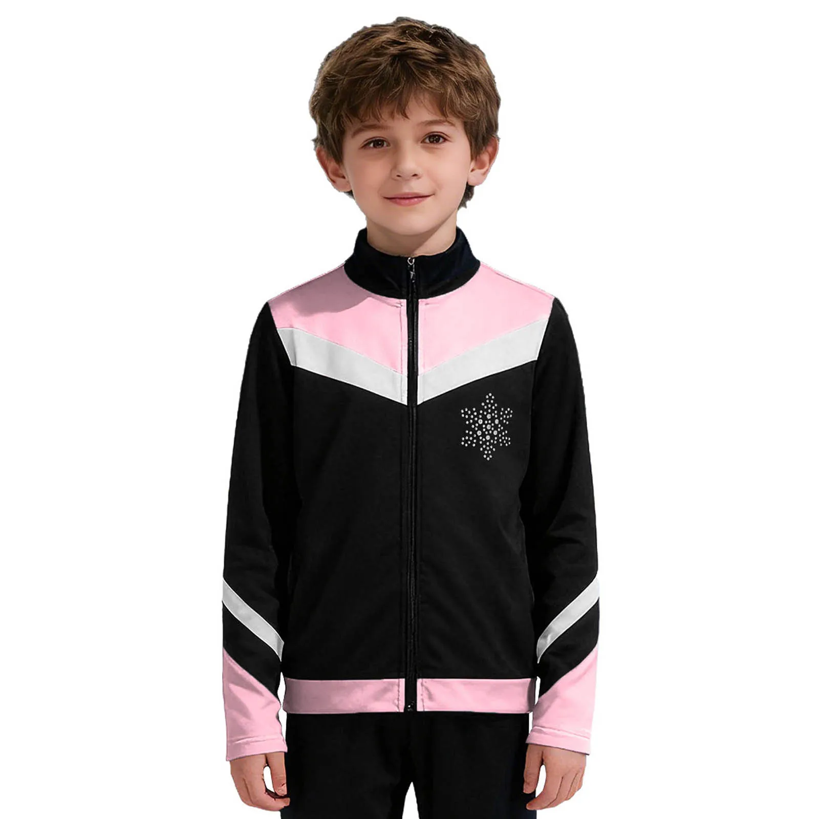 Kids Boys Long Sleeve Fleece Lining Rhinestone Snowflake Jacket Coat for Figure Skating Dance Training Gymnastics Performance