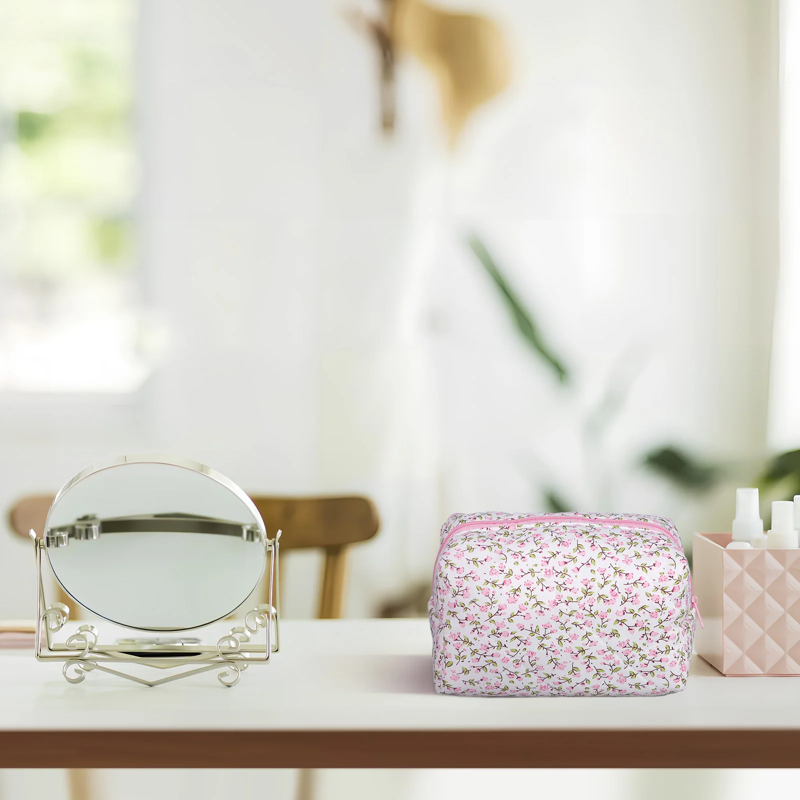 

Makeup Bag Lightweight Floral Pattern Travel Organizer Portable Zipper Makeup Brush Pouch Multipurpose Durable Stitch