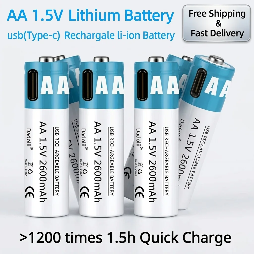 

USB AA Rechargeable Battery 1.5V Li-ion 2600mAh High Capacity Battery with Charging Cable for Remote Control, Gamepad, Toy