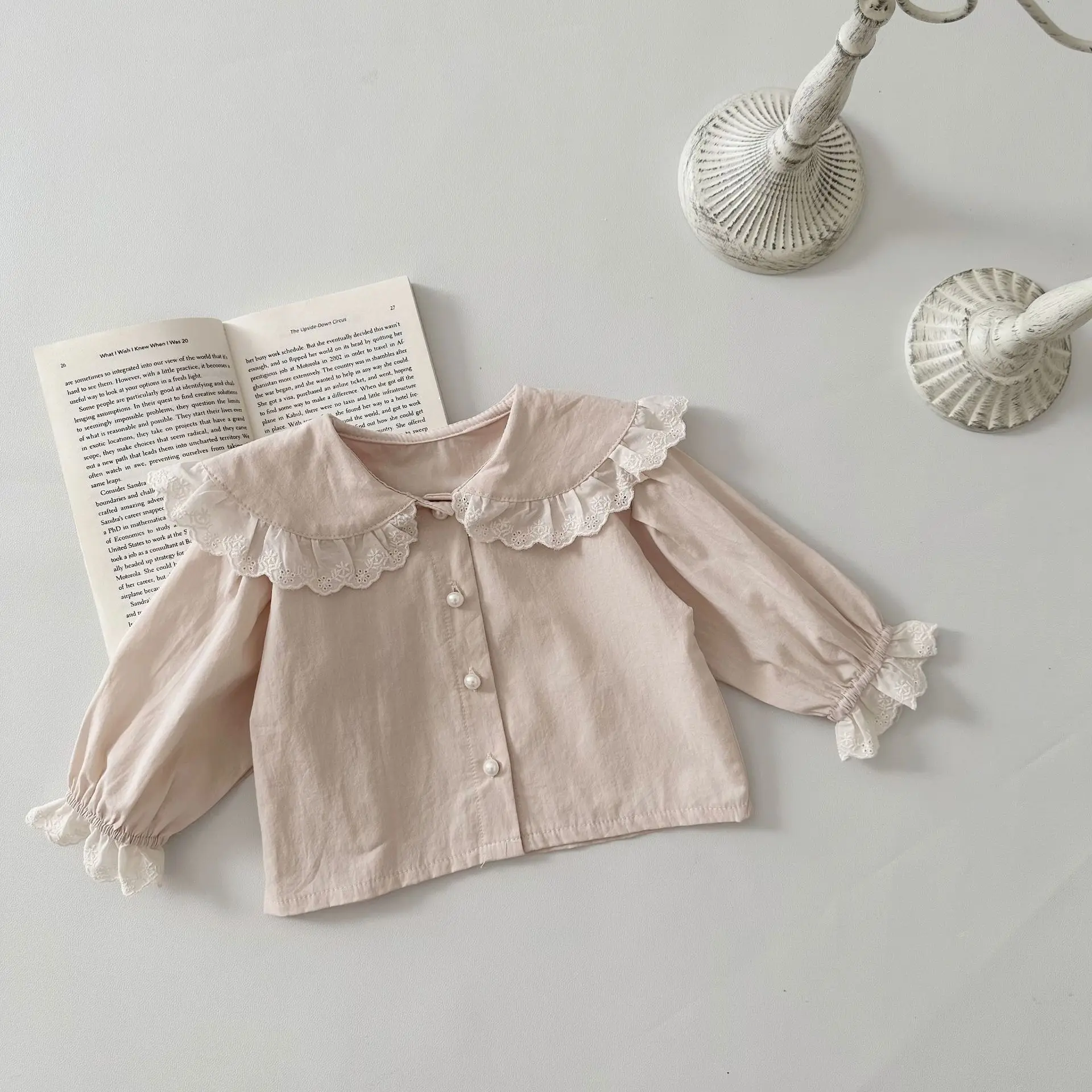 2024 Spring Autumn Girl Baby Brief Lace Big Lapel Long Sleeves Blouse Infant Cotton Thin Casual Coat Solid Fashion Newborn Shirt