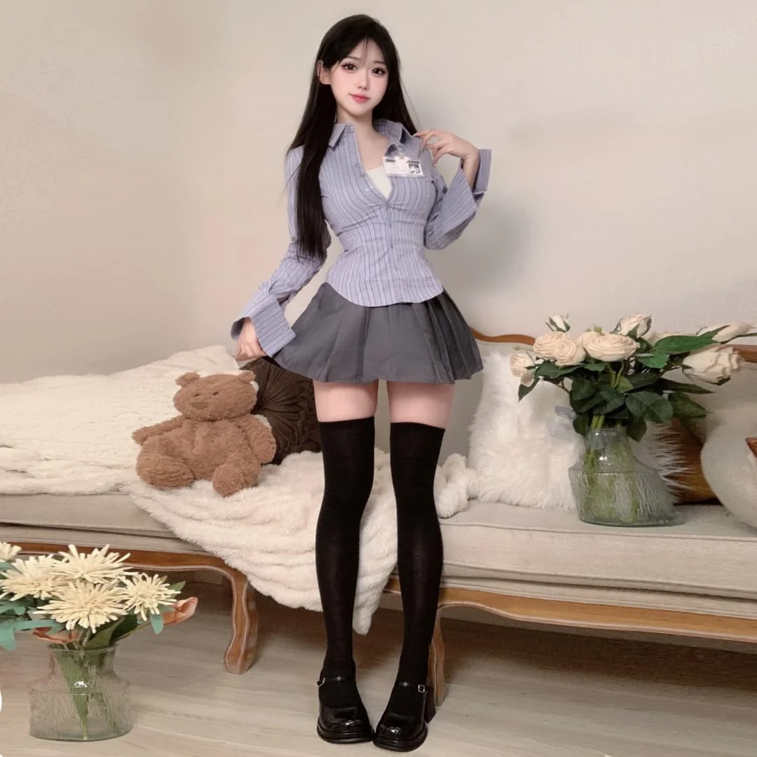 

Новая модная женская академия в стиле JK, униформа со складным воротником, милое и свежее элегантное платье в полоску для девочек, комплект плиссированной короткой юбки