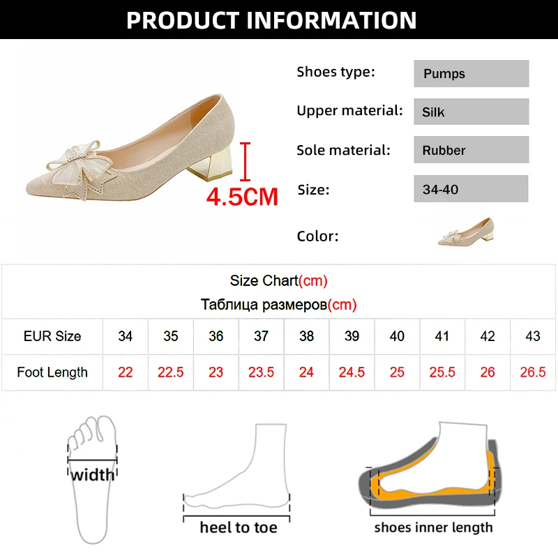 Elegant Bowtie Crystal Pumps for Women 2023 Slip-On Pointed Toe Party Wedding Shoes Woman Silk Shallow Thick Heels Pumps Ladies