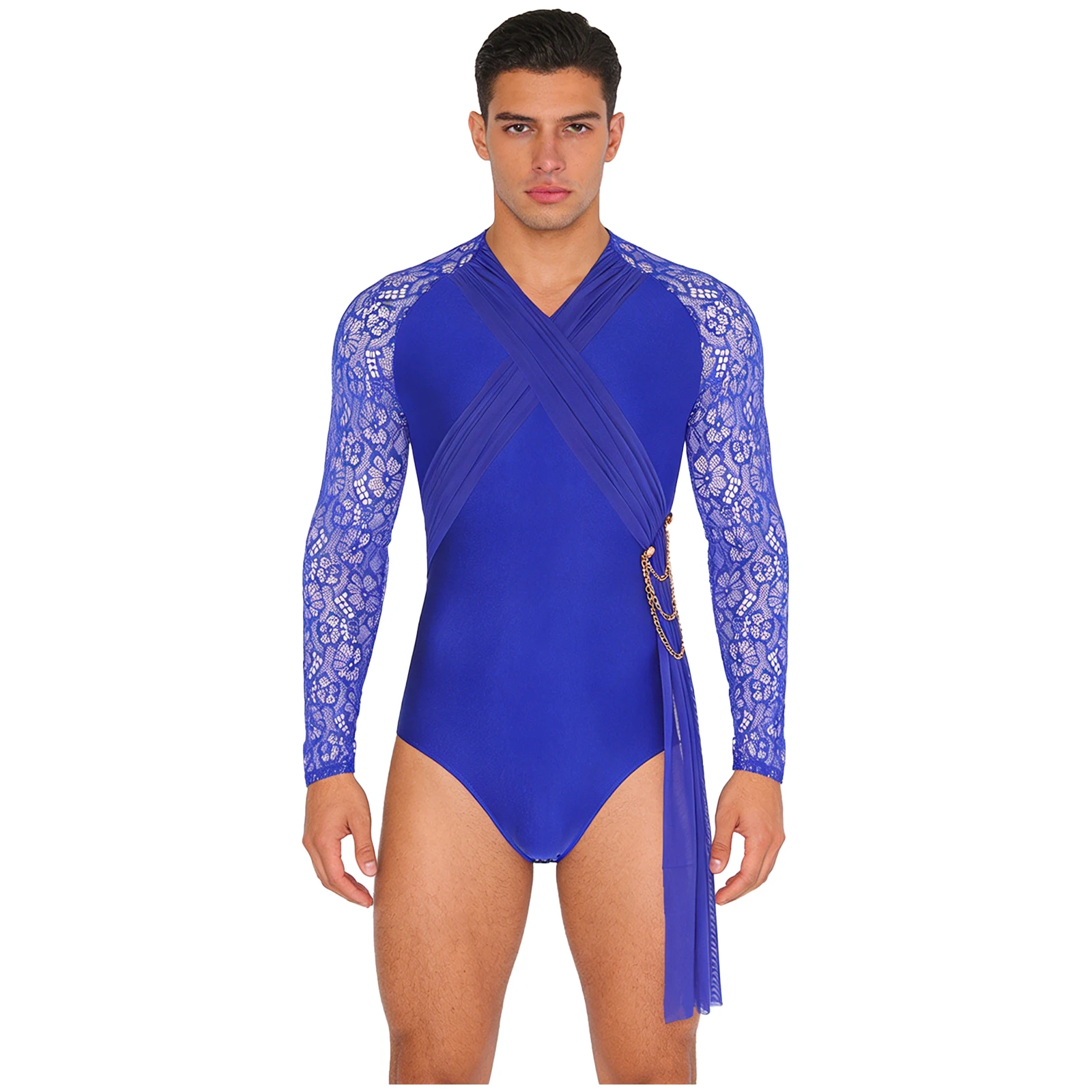 Herren Gymnastik Ballett Strumpfhosen Latin Dance Body Shirt Kostüm Sheer Floral Spitze Geraffte Mesh Kette Quaste Trikot Overall
