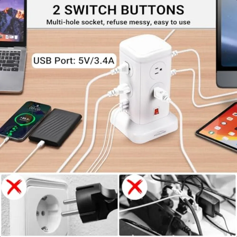 Protector contra sobretensiones de 6,5 pies, torre de regleta, 8 salidas de CA, 6 puertos USB, estación de carga multidispositivo con protección contra sobrecarga para el hogar