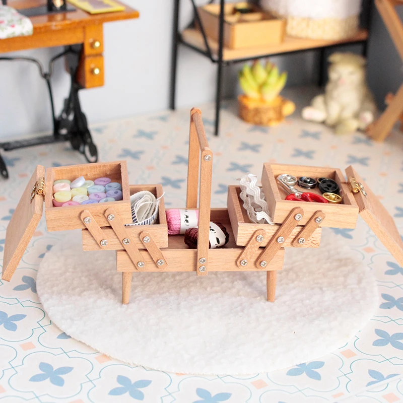 New 1:12 Dollhouse Miniature Wooden Sewing Supplies Box with Needle Scissors Knitting Tool Tailor Set Dolls Pretend Play Toys