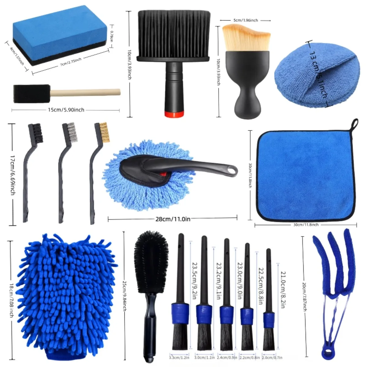 20-teiliges Allround-Reinigungsset für Auto und Motorrad, blaue Lüftungsbürste, kurze und lange Staubbürste, Radbürste für die Autopflege – Detail 3