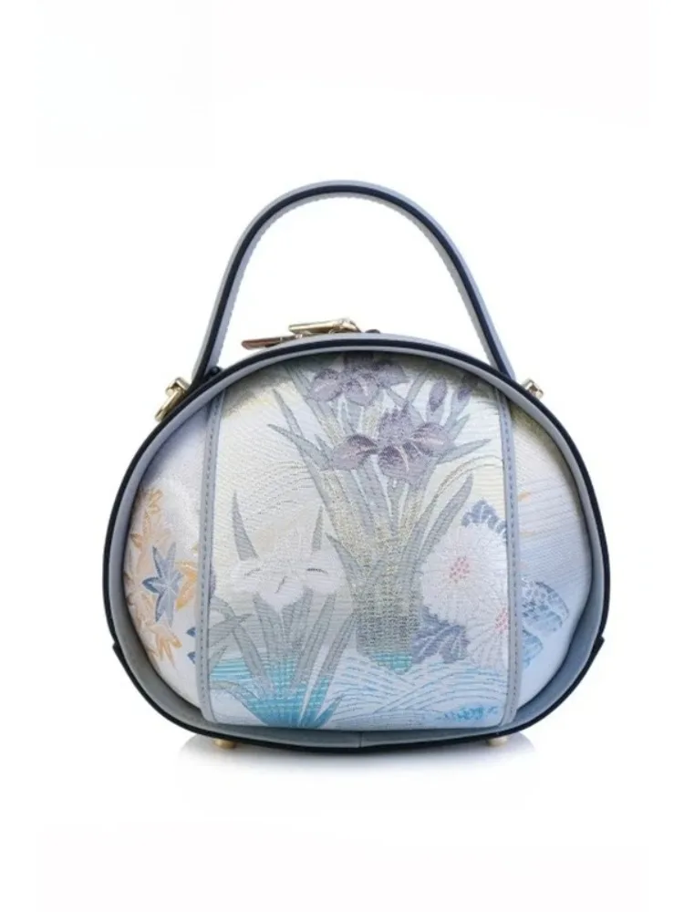 Tang Brocade Western Weave Zipper Handbag, New Chinese Shoulder Bag, Satin Ethnic Egg Shaped Crossbody Bag for Women