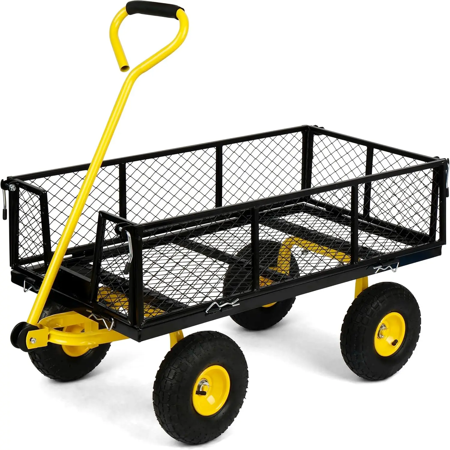 Magic Heavy Duty 1100 Lbs Capacity Mesh Steel Garden Cart Folding Utility Wagon Yard Cart with Removable Sides and Large Wheels