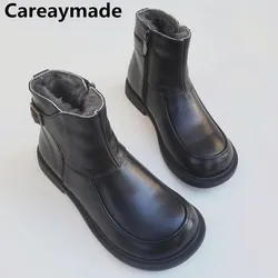 Careaymade-Genuine Leather wide toe big size women's boots,warm wool boots big head man short boots,cowhide high topsingle shoes