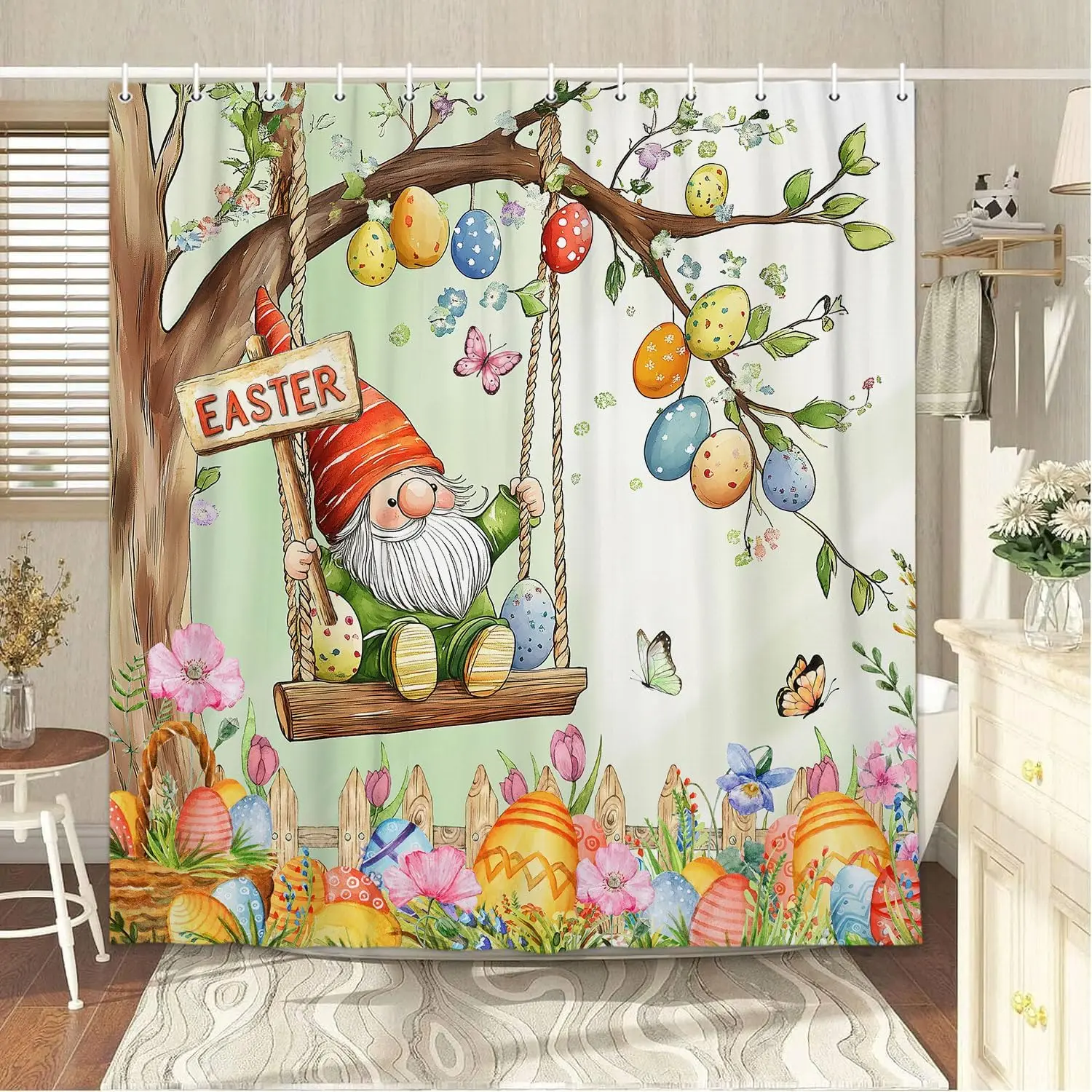 Easter Shower Curtain Happy Easter Cute Gnome Bathroom Decor Set with Colorful Easter Eggs, Cloth Fabric Bathroom Decor Set with