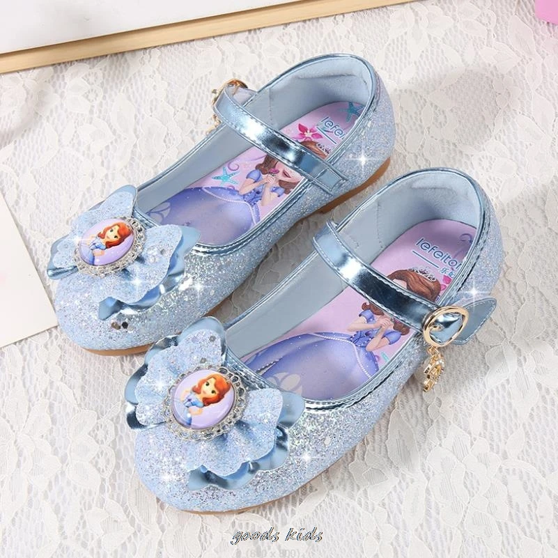 Princess Kids Leather Shoes for Girls Sofia Casual Glitter Children Flat Heel Girls Shoes Butterfly Knot Blue Pink Size 26-36