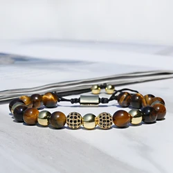Luxury Gold Color CZ Zircon Pave Ball Weaving Bracelet Men Classic Mens Natural Tiger Eye Stone Beads Bracelets