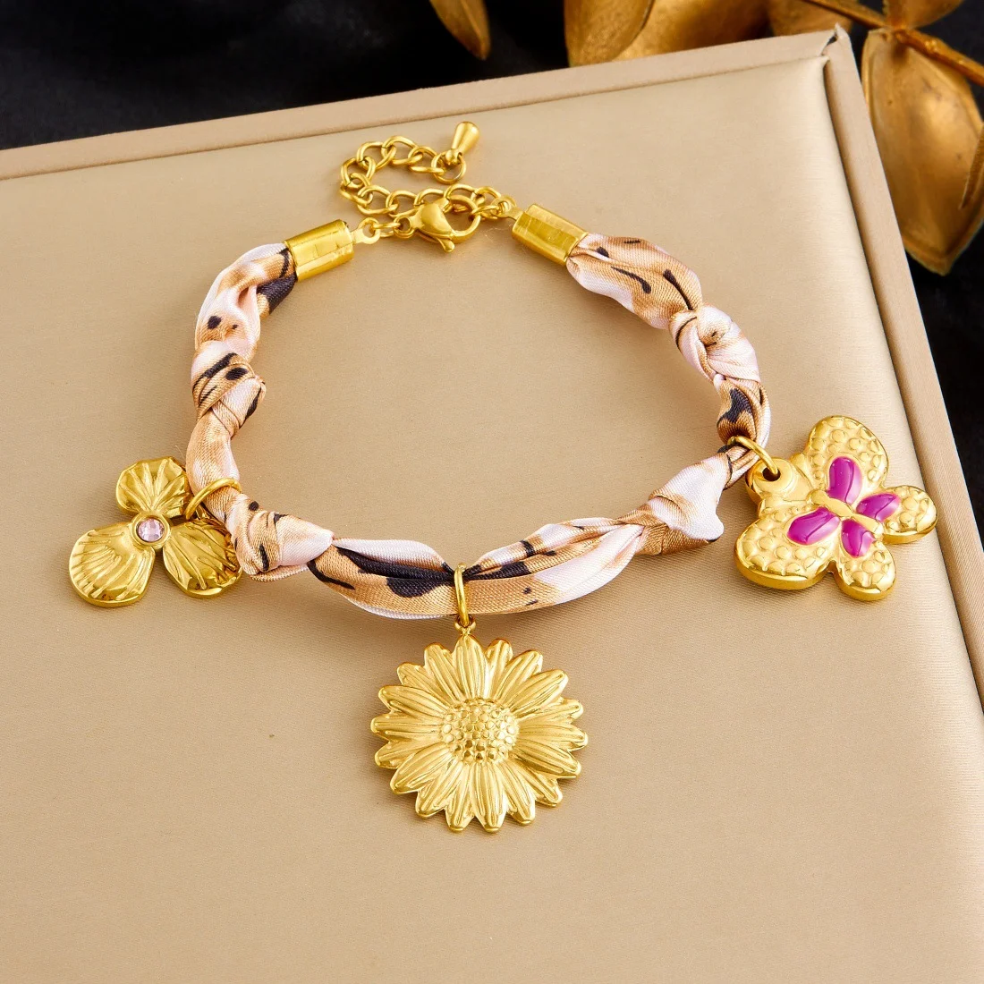 

Gold Tone 316L Stainless Steel Silk Scarf Wrap Bracelet with Sunflower, Butterfly & Clover Charms for Women