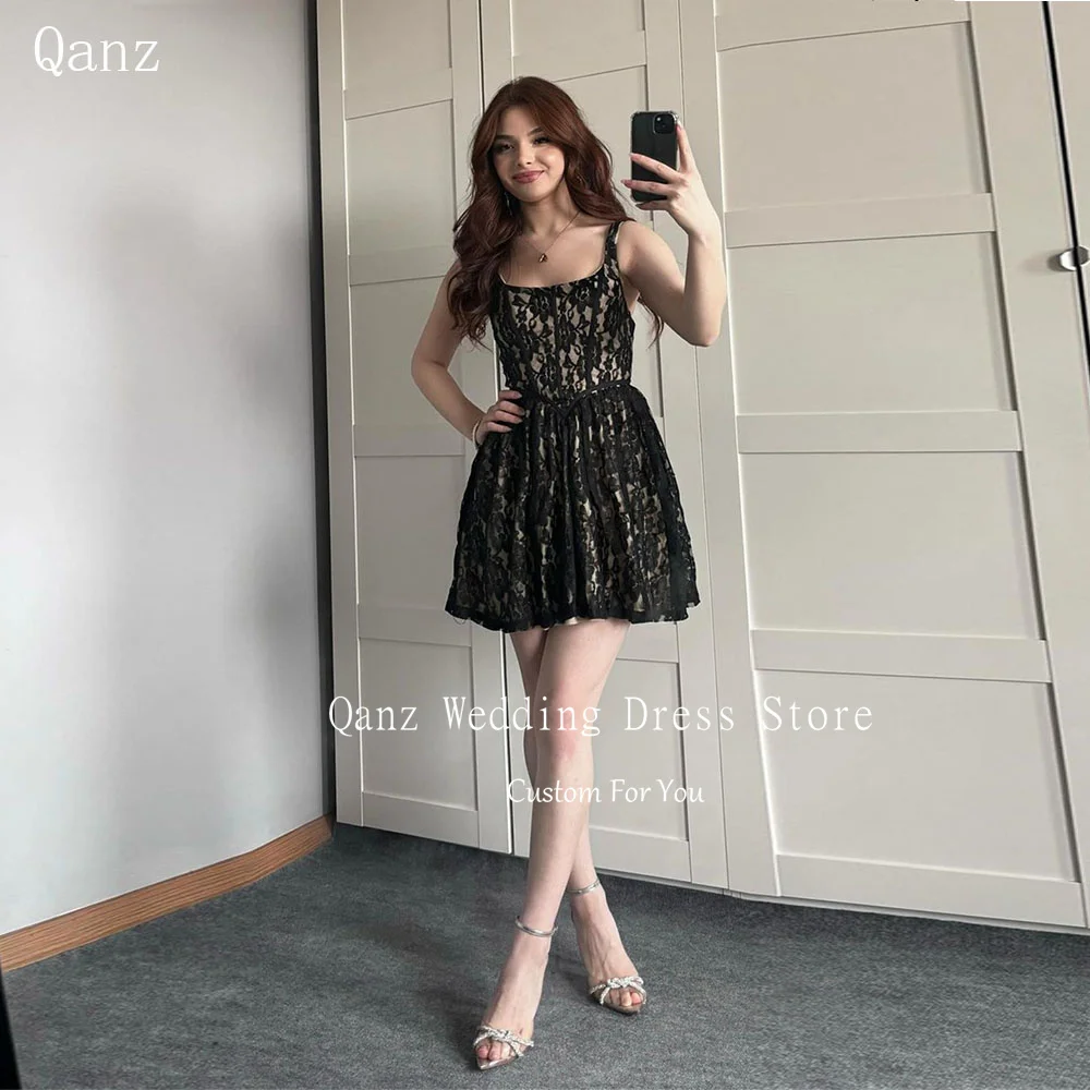 

Qanz Black Lace Appliques Prom Dresses Spaghetti Straps Short A Line Corset Back Birthday Dresses Customized Robes De Cocktail