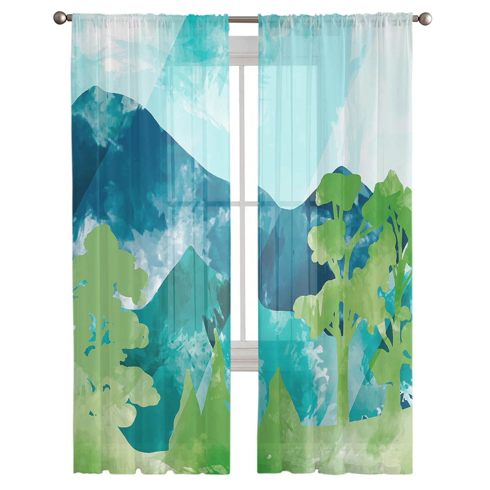 Mountains Trees Green Landscape Sheer Curtain for Living Room Hall Wall Dress Up  Home Window Supplies Pop Print Tulle Curtains