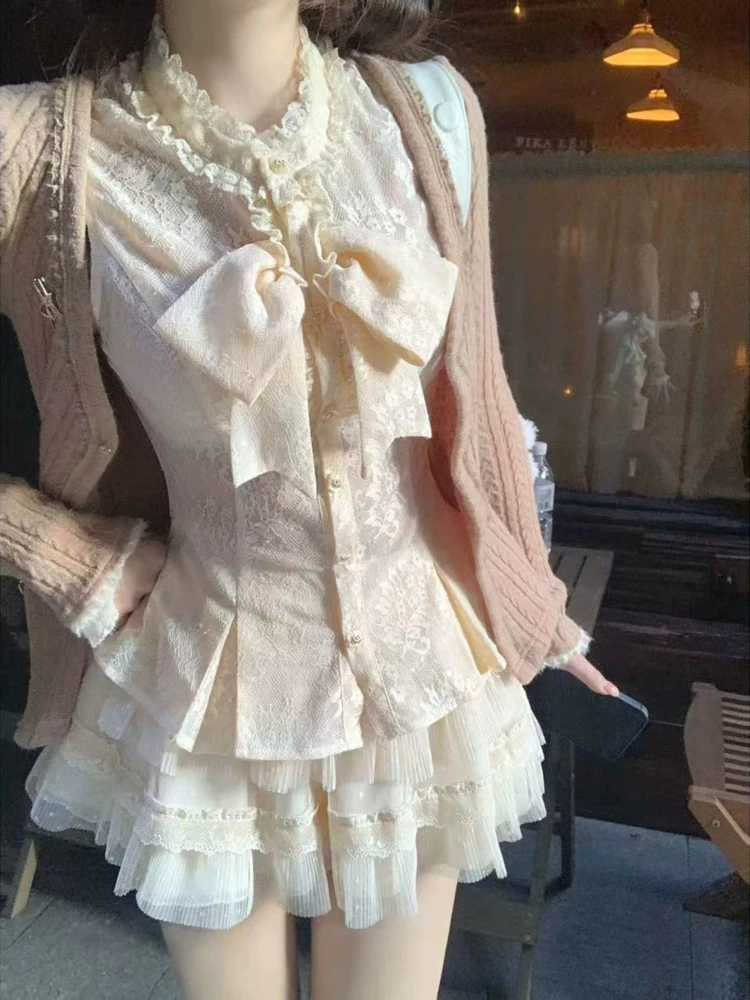 

Japanese Sweet Elegant Fashion 3 Piece Sets Women Pink Bow Knot Knitted Cardigan + Tops + Cake Skirt Harajuku Chic Lovely Outfit