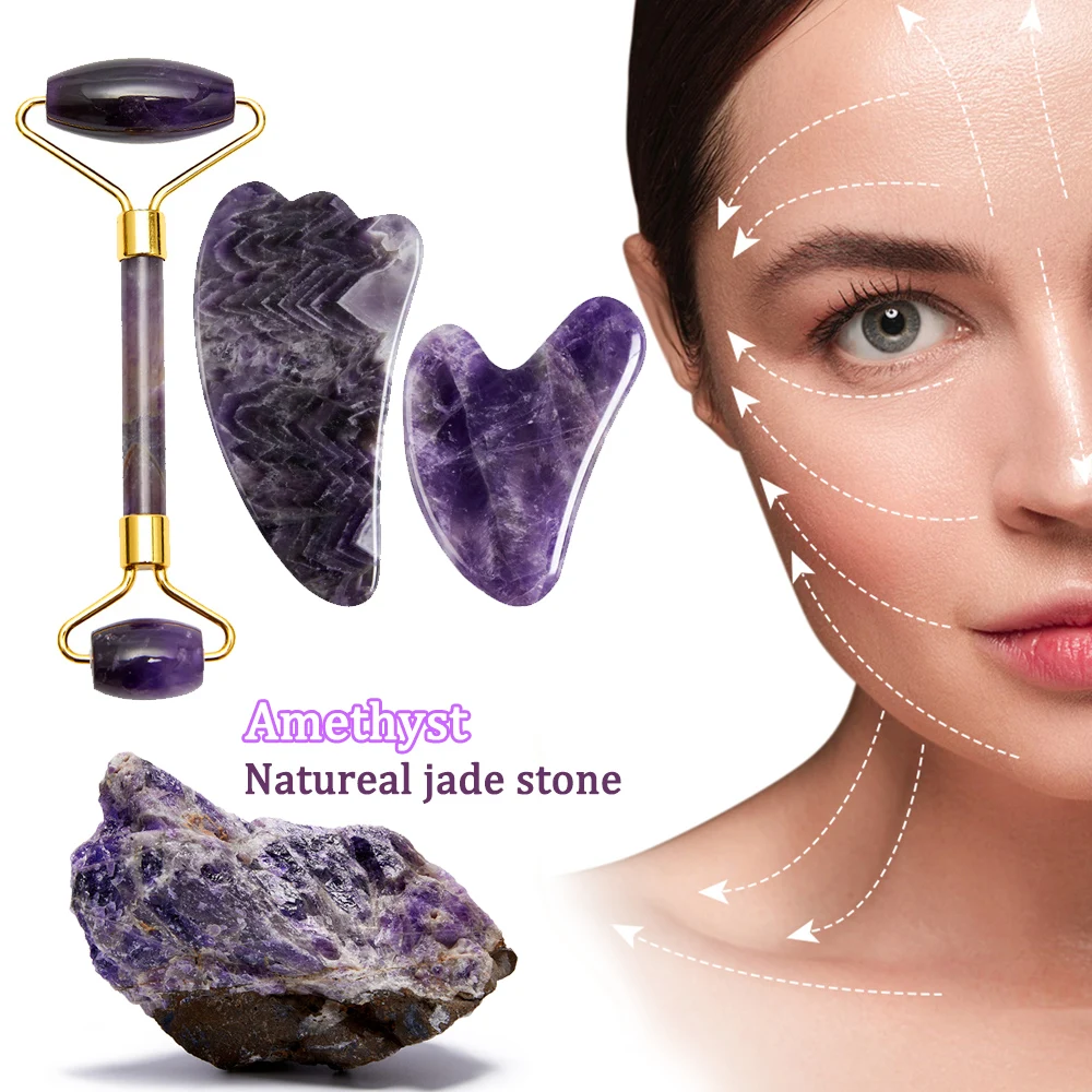 Amethyst Face Massage Roller/ Gua Sha Massager For face Natural Jade Anti Wrinkle Skin Scraping guasha Lifting Relieve Fine Line