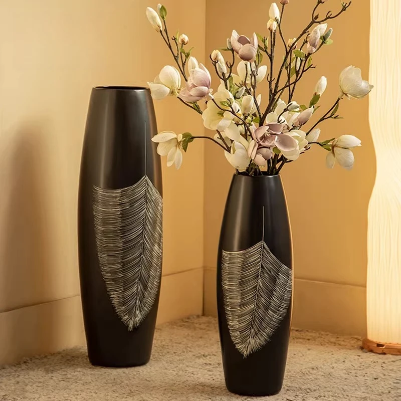 Jarrones nórdicos vintage negros, jarrones de cerámica tallados a mano, adorno artístico, decoración del hogar, Vaso De Flores YS40CC