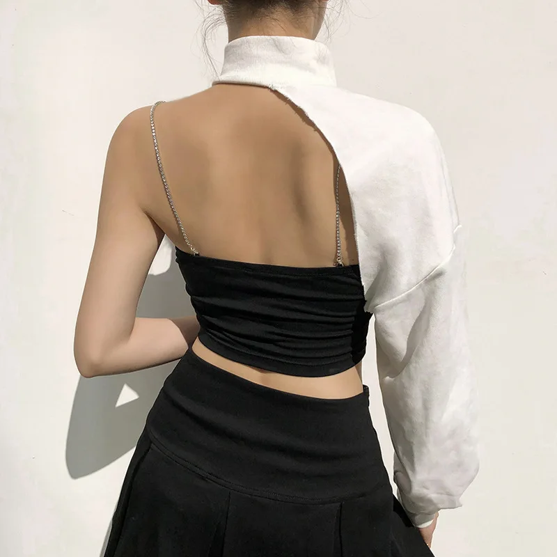 Summer Long Sleeve White One Shoulder Halter Crop Top T Shirt Women Casual Sleeves Tshirt Knit Streetwear Fashion Clothes 
