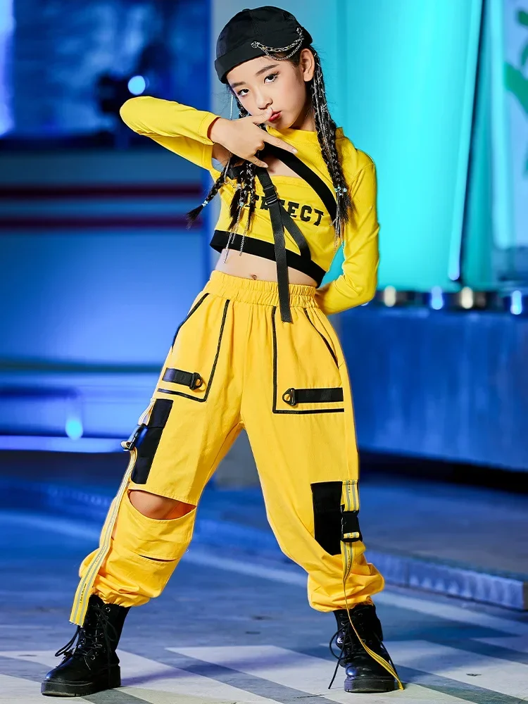 Abiti gialli per bambini Abbigliamento da ballo di strada jazz Sala da ballo Abiti Hiphop Rave Costumi di danza di scena Costumi di danza Hip Hop per ragazze