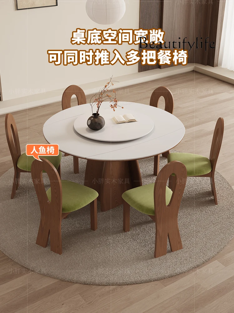 French retro retractable rock slab dining table designer square and circle dual-purpose solid wood folding dining table