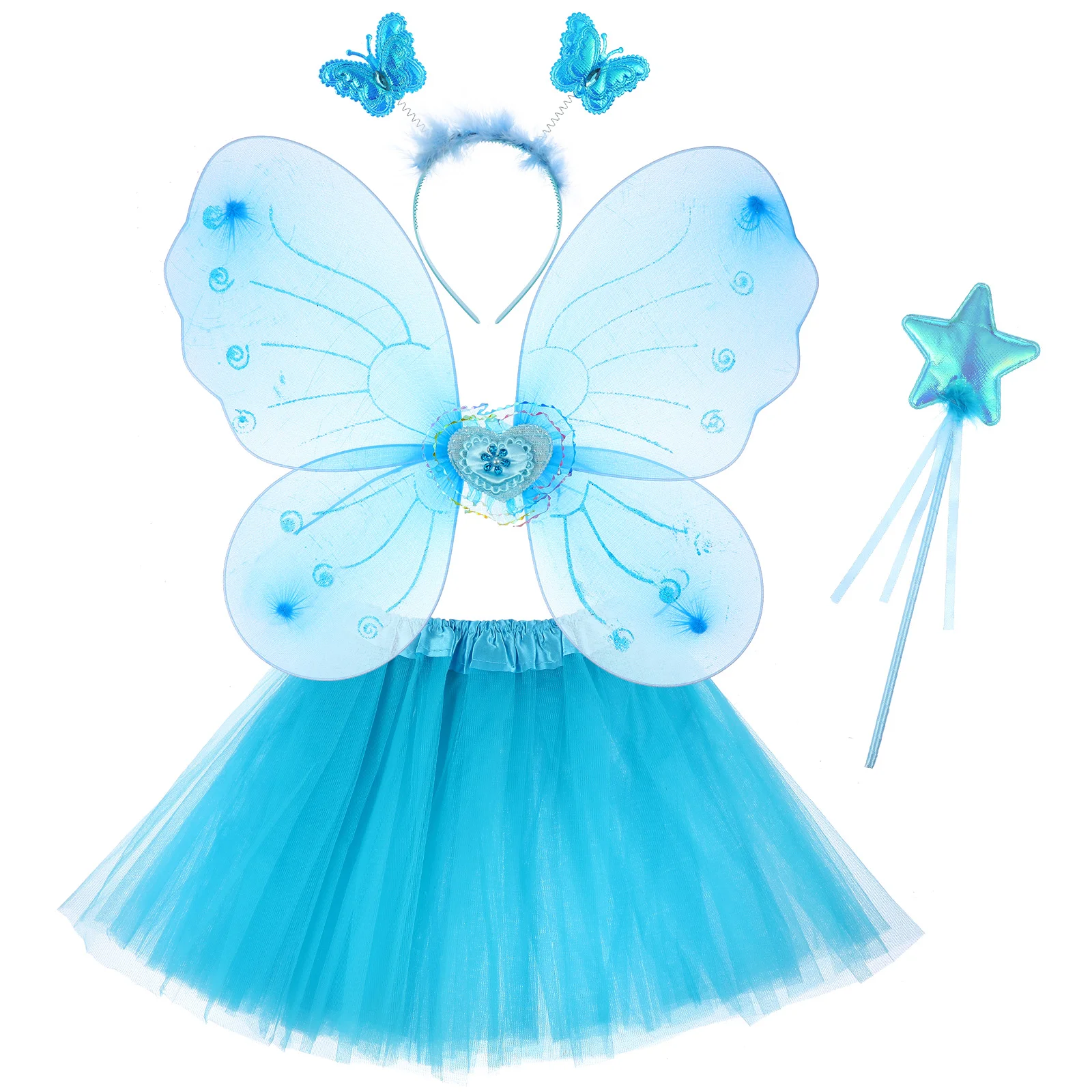 

Girl Outfits Butterfly Wings Four Piece Set Fairy Costume Headband Cosplay Gauze Tutu Skirt Girl's Accessories Blue