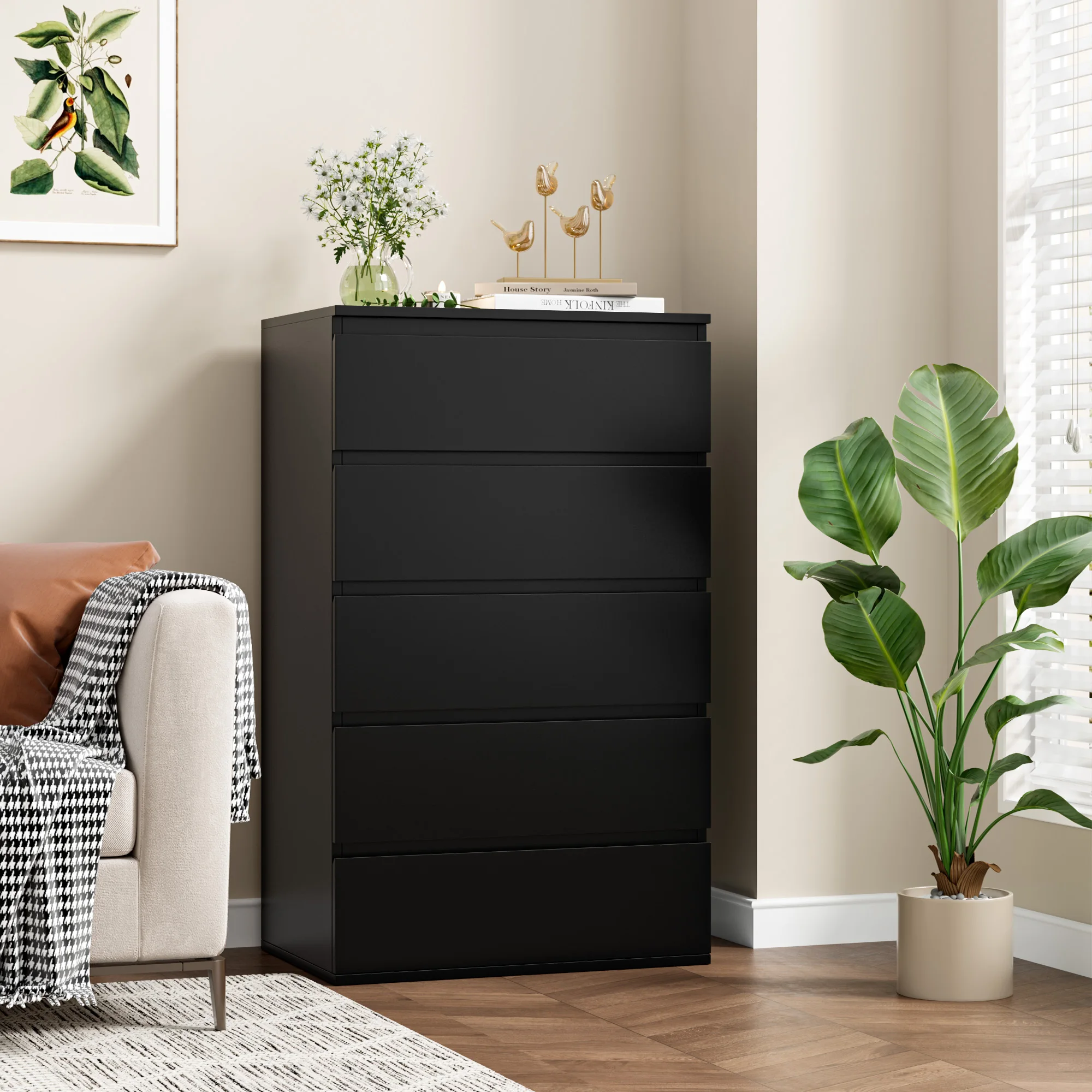 Getone Commode 4 Tiroirs Commodes Chambre Petite Commode Noire Meuble de Rangement pour Chambre Salon 60x40x100 cm