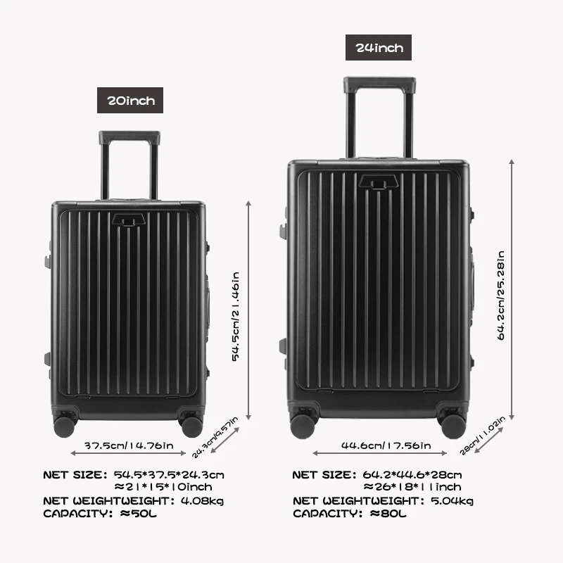 Aluminum Alloy Frame Suitcase, Carry-On Trolley Case, Independent Front Compartment Multi-Functional Suitcase, 20, 24 Inches