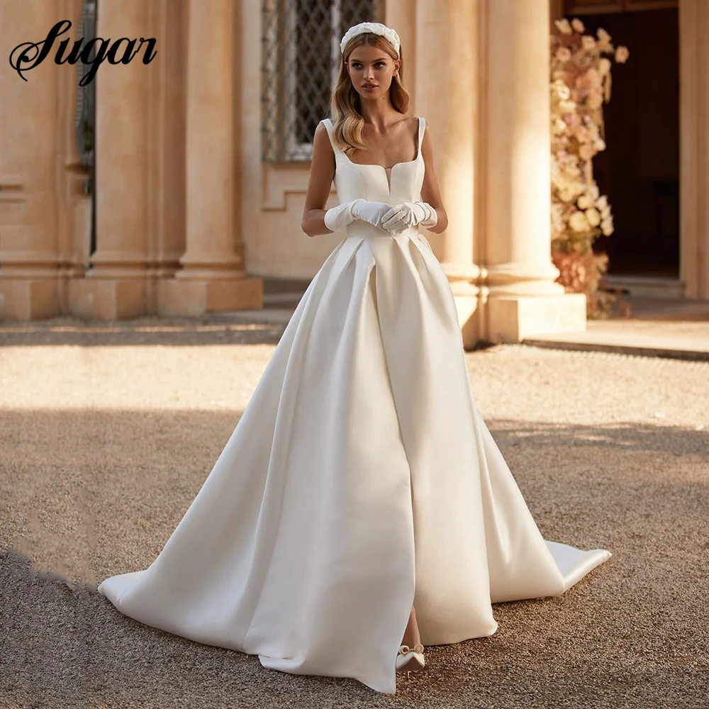 

Satin Wedding Dresses Square Collar A-Line Mono Bridal Gowns Side Slit Sleeveless Princess Bride Dress Custom Size