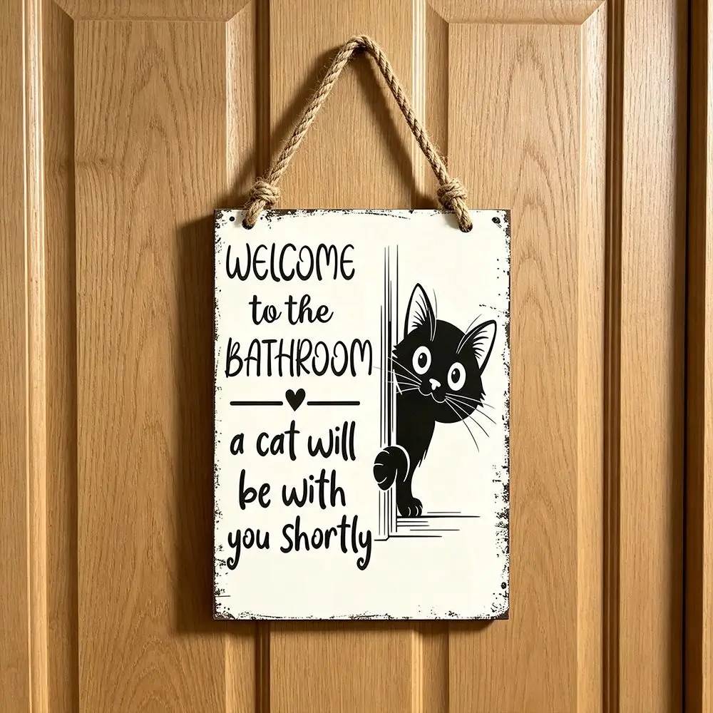 2D Flat 2D Round Welcome Sign Cat Print Retro Style Hanging Wooden Board Floral Print Warm Home Hanging Plaque Front Door Decor