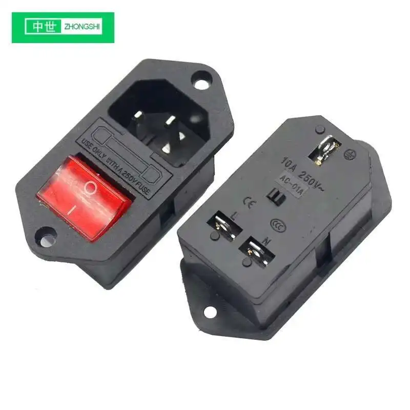 

3IN1 250V 10A Screw Mount C13 C14 Male Panel AC Socket Fuse And Rocker Switch Power Connector With Red Light