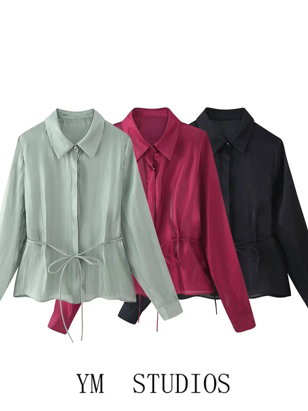 Ele iny Effect Long Sve irt Women's French Sle Loose Fit Knot Polyester Fiber Skin-friendly Breathable