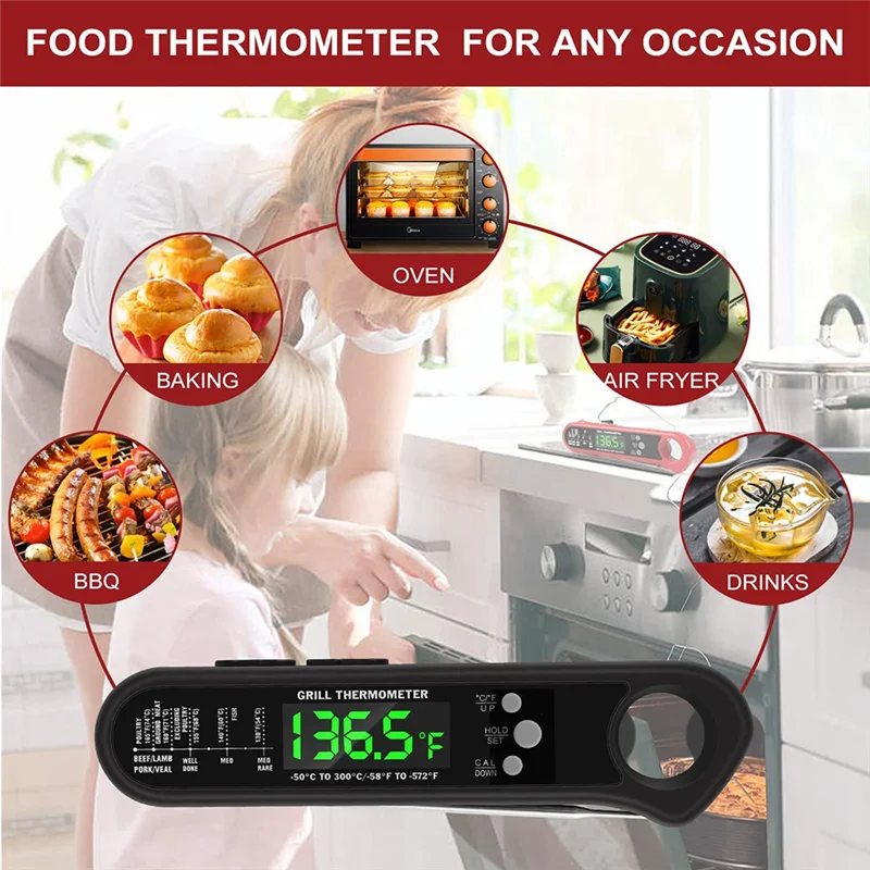 3 in 1 Digital Meat Thermometer, Instant Read Food Thermometer with 2 Detachable Wired Probe,Calibration, Alarm Function