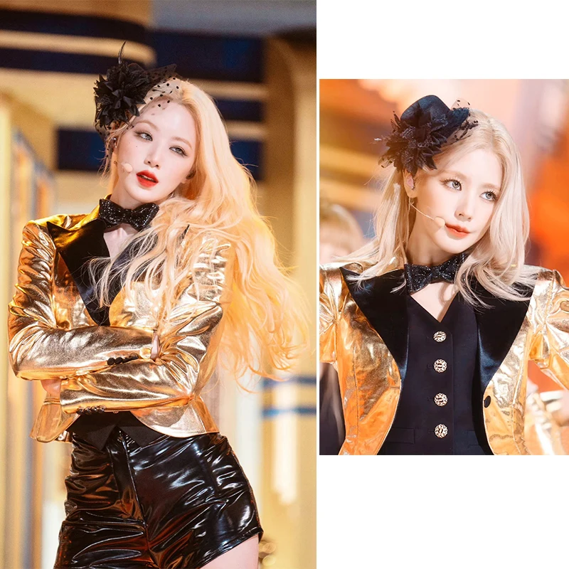 Gold K-pop Idol Outfit Women Concert Outfits Pu Leather 90s Clothes Jazz Dancewear Stage Costume Festival Clothing Rave JL5101