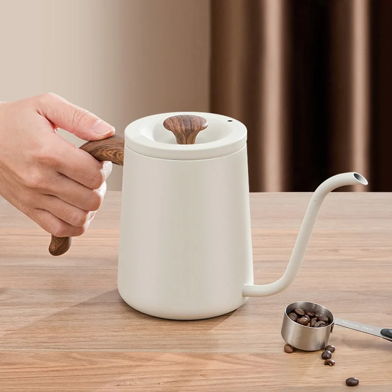 

600ML Stainless Steel Coffee Pot with Solid Wood Handle For Hand Brewed Coffee Household Kitchen Cafe Accessories Narrow Mouth