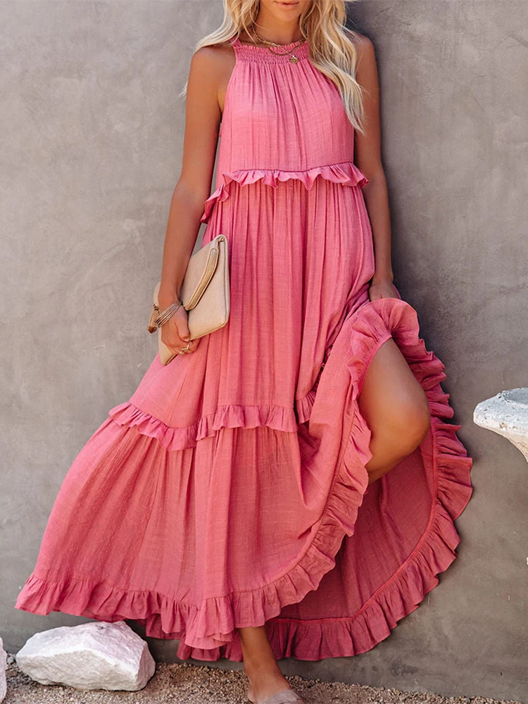 Oversized Solid Long Dress Women Summer Sleeveless Ruffles Hollow Tie-Up Dresses Ladies Elegant Casual Party Beach Maxi Dresses