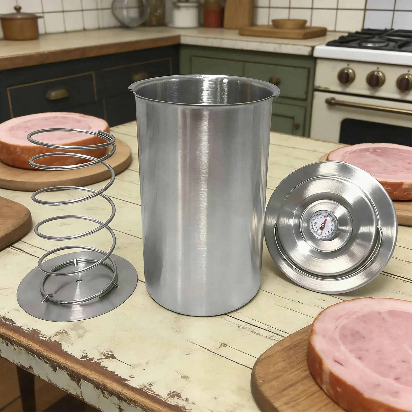 Meat Press for Steam Cooker Stainless Steel Steamer with Temp Tester Sandwich Ham Press Mold for Ripe Meats for Chef Beginner