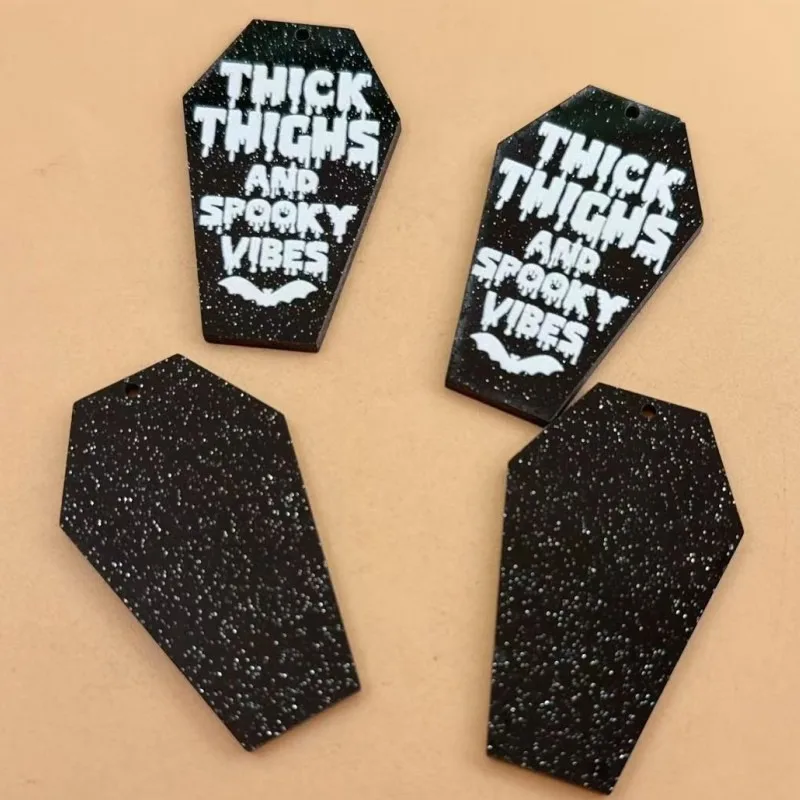 6Pcs Dark Punk Style Acrylic Printed Charms Funny Halloween Ghost Tombstone Pattern DIY Pendant for Key Chain Handmade Ornament