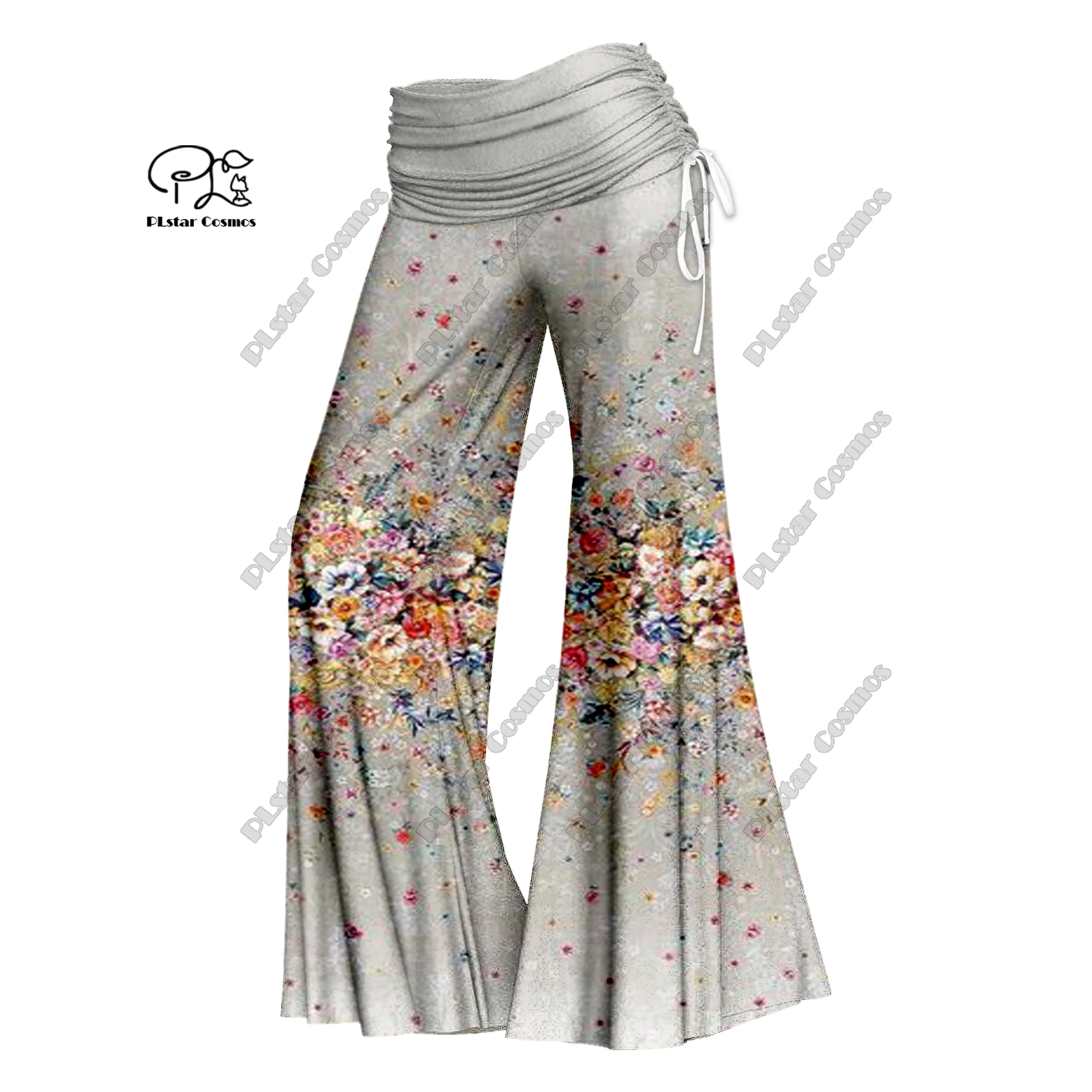 PLstar Cosmos 3D printed women's colorful small floral wide-leg pants waistband folding elastic waist pants casual H-2