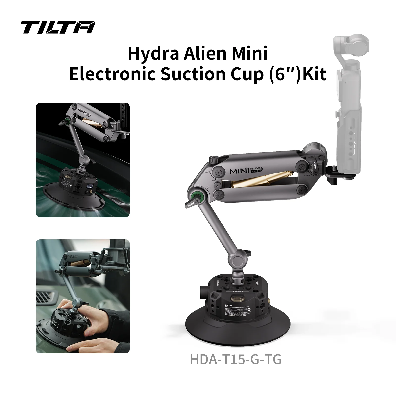 TILTA Hydra Alien Mini Electronic Suction Cup 6 inch with Baby Pin Manfrotto 19mm Rod Dovetail Hydra M25 Mounting Bracket