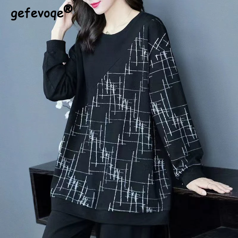 

Women Trendy Print Patchwork Casual Streetwear Oversized Sweatshirts Autumn Korean Style O Neck Long Sleeve Tunic Pullover Tops