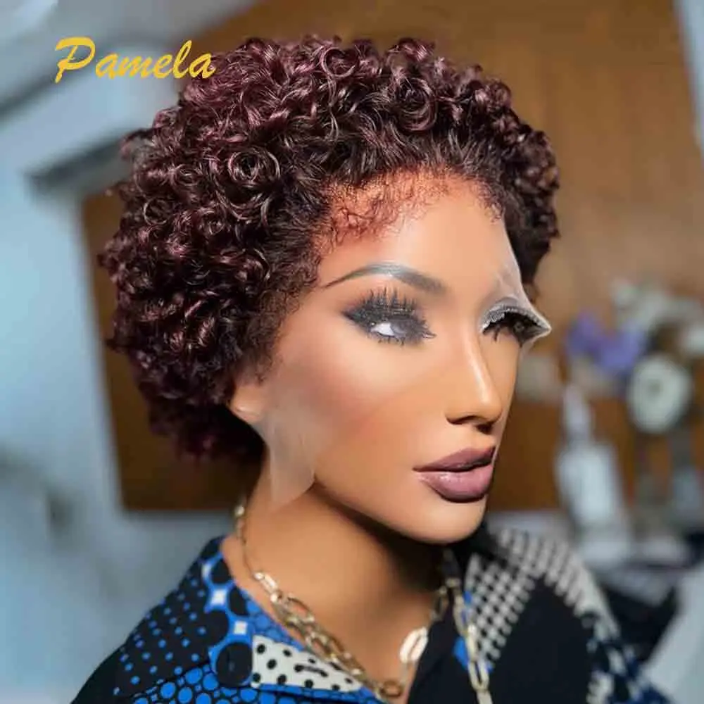 

Kinky Edges Natural Hairline Burgundy Colored Wig Wear and Go Glueless Curly Bob 13x4 Transparent Lace Front Human Hair Wigs