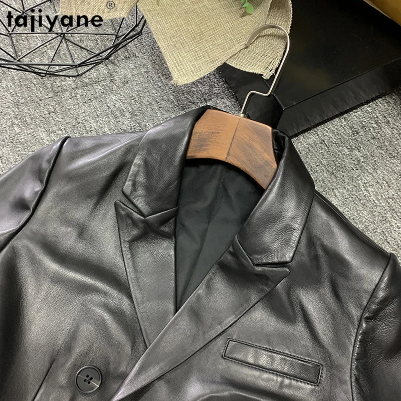 Tajiyane Fashion Autumn Genuine Leather Short Coat Women Short Sleeve Double Breasted Outwear Office Lady Sheepskin Suit Jacket